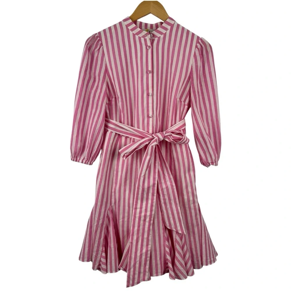 BODEN Puff Sleeve Cotton Pink White Striped Dress Button Down Ruffle Hem SZ 2 - Picture 2 of 16